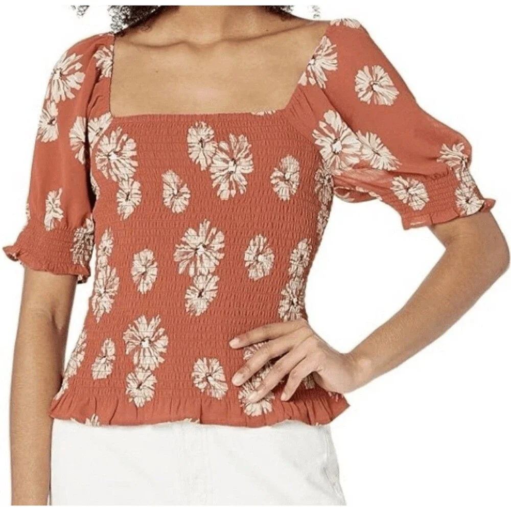 Madewell Moody Blooms Resourced Georgette Lucie Puff Sleeve Smocked Top Sm New